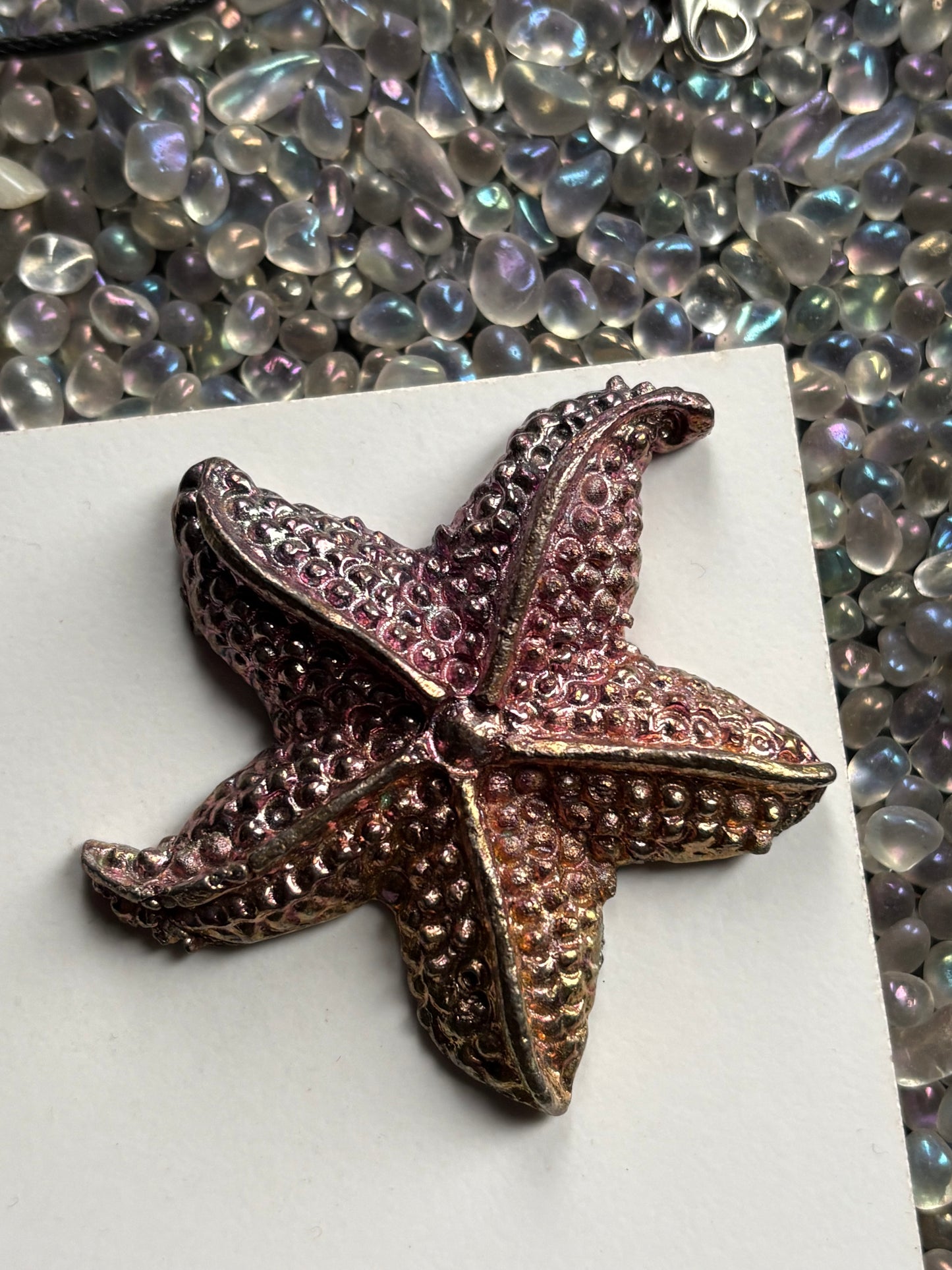 Peach Pink Bismuth Crystal Large Starfish Metal Art Sculpture