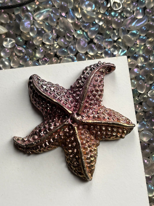 Peach Pink Bismuth Crystal Large Starfish Metal Art Sculpture