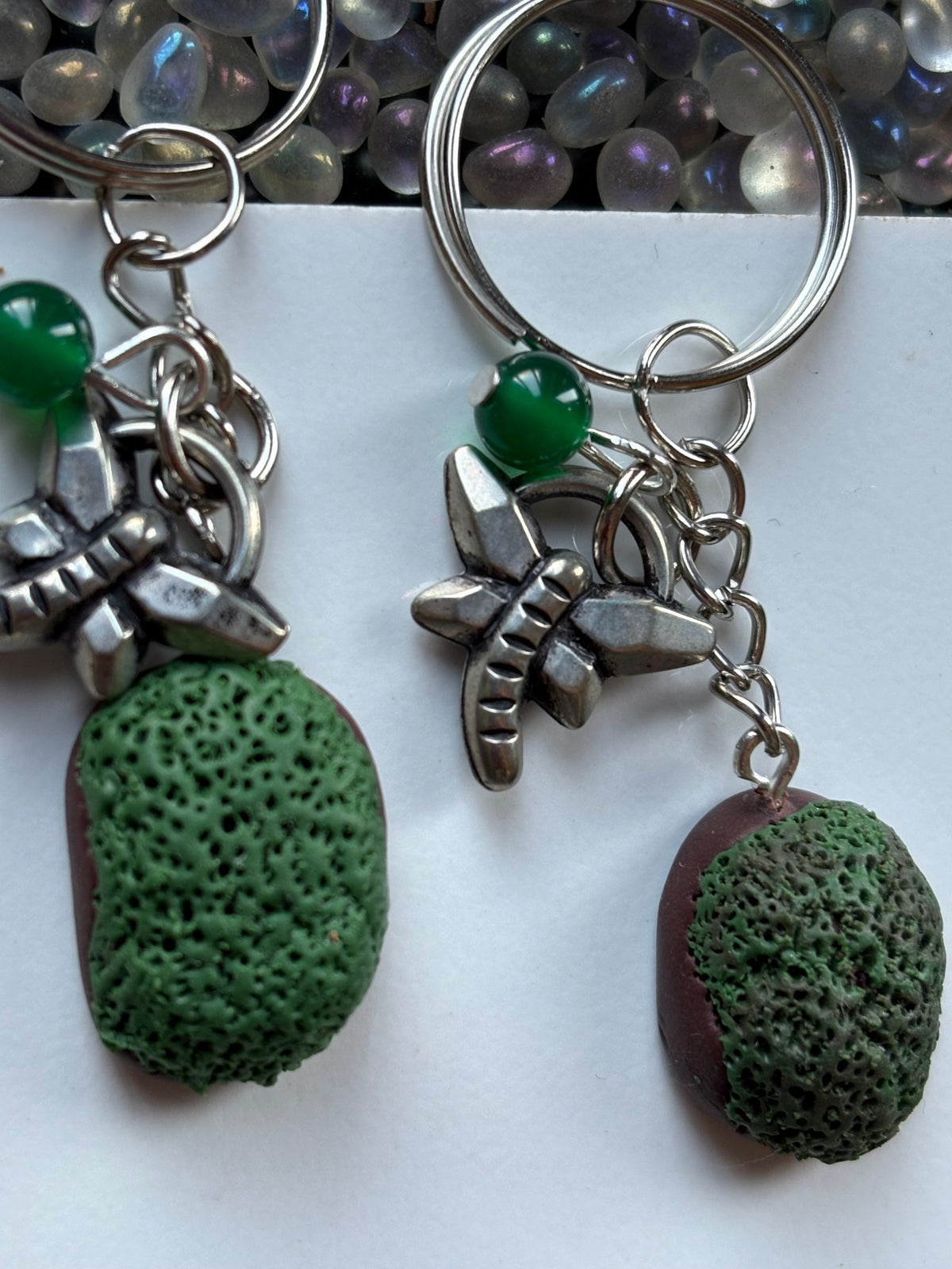 Enchanted Moss Ball Dragonfly & Green Quartz Crystal Gemstone Keychain