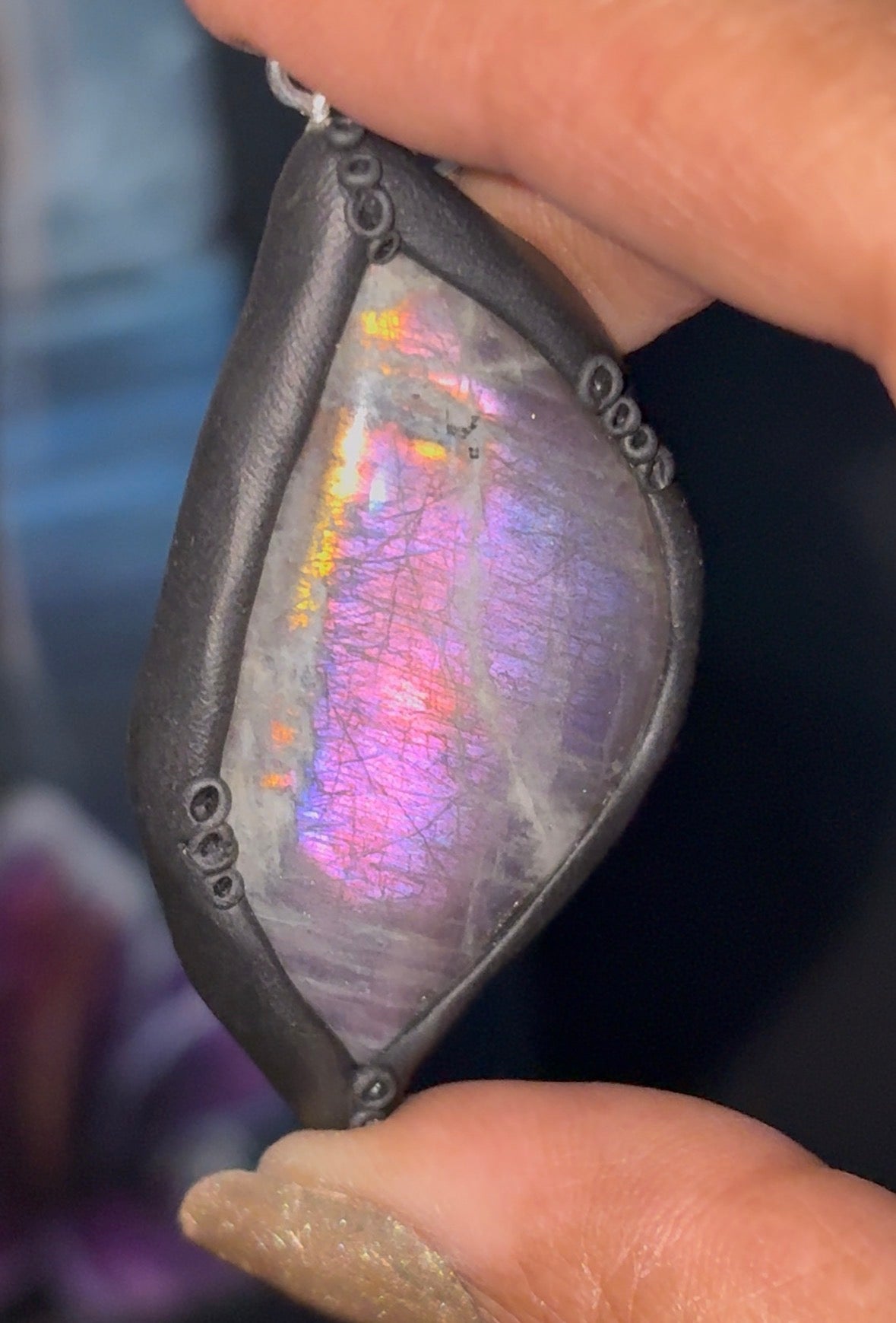 Ursula Black Clay - Purple Orange Labradorite Crystal Gemstone Pendant Necklace