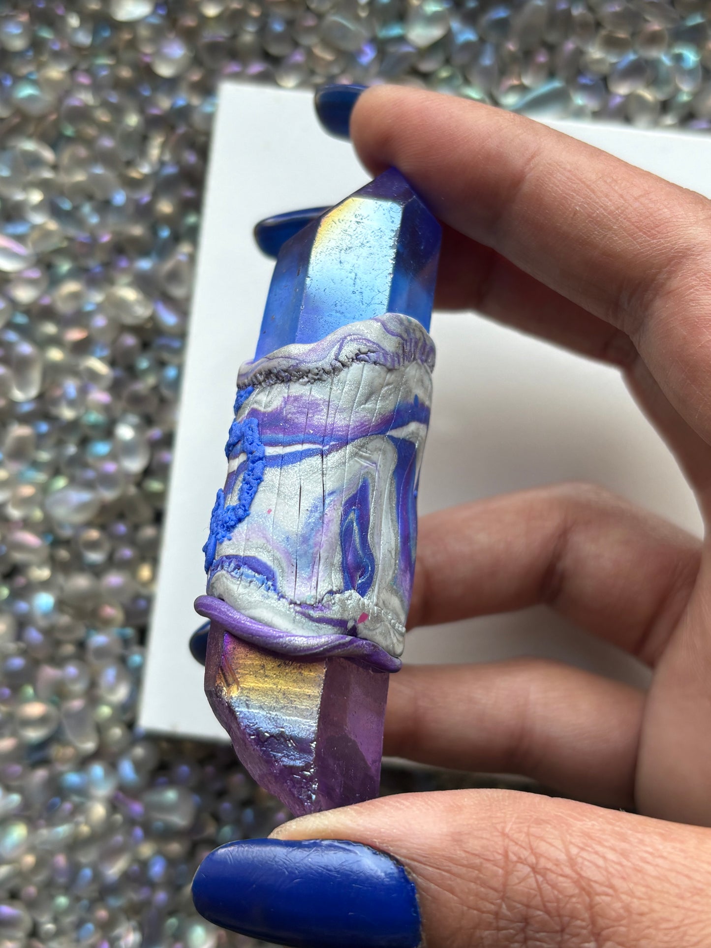 Purple & Blue Aura Quartz Crystal Gemstone Heart Swirl Clay Wand