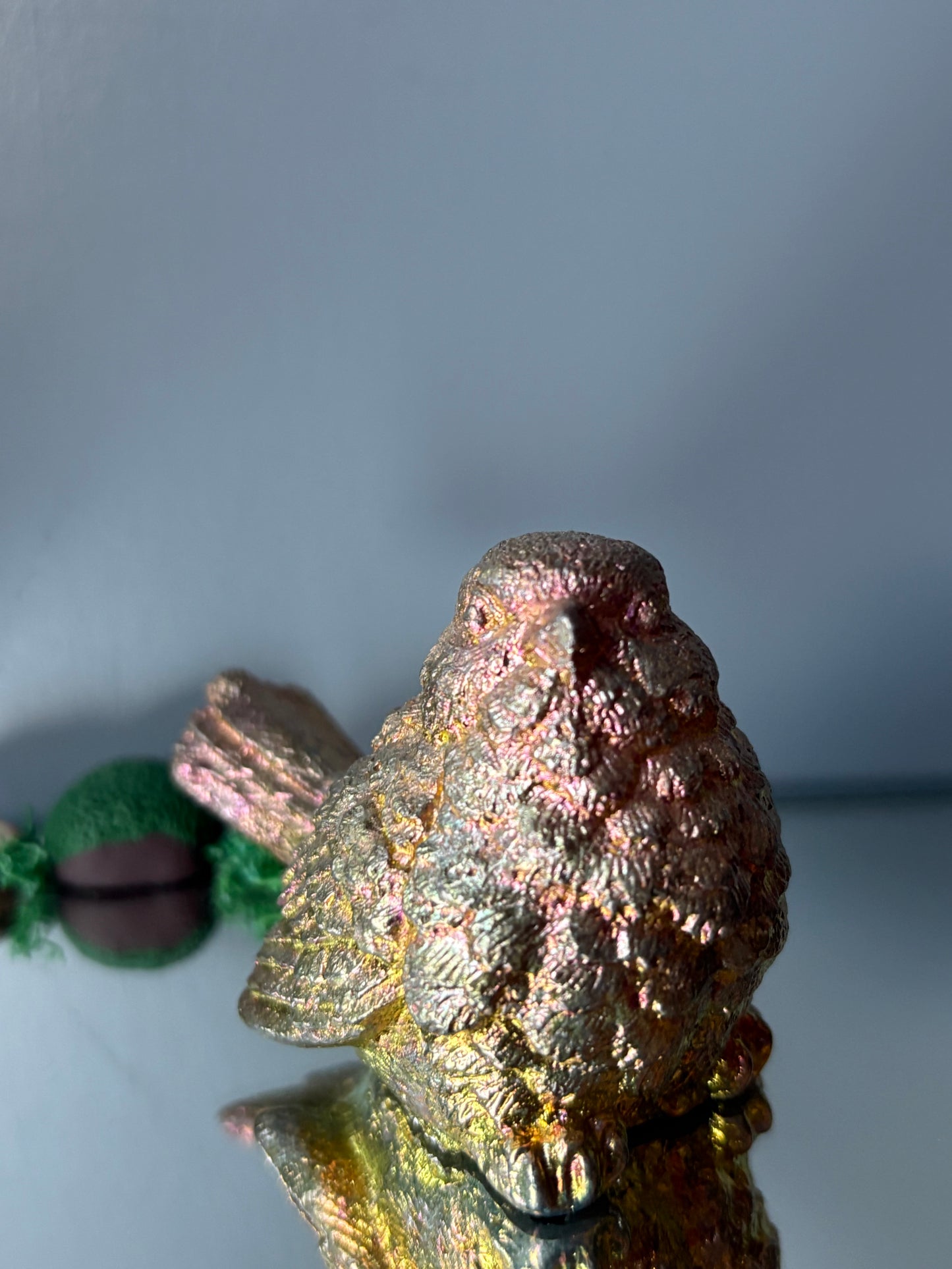 Gold Peach Bismuth Crystal Wren Song Bird Metal Art Sculpture