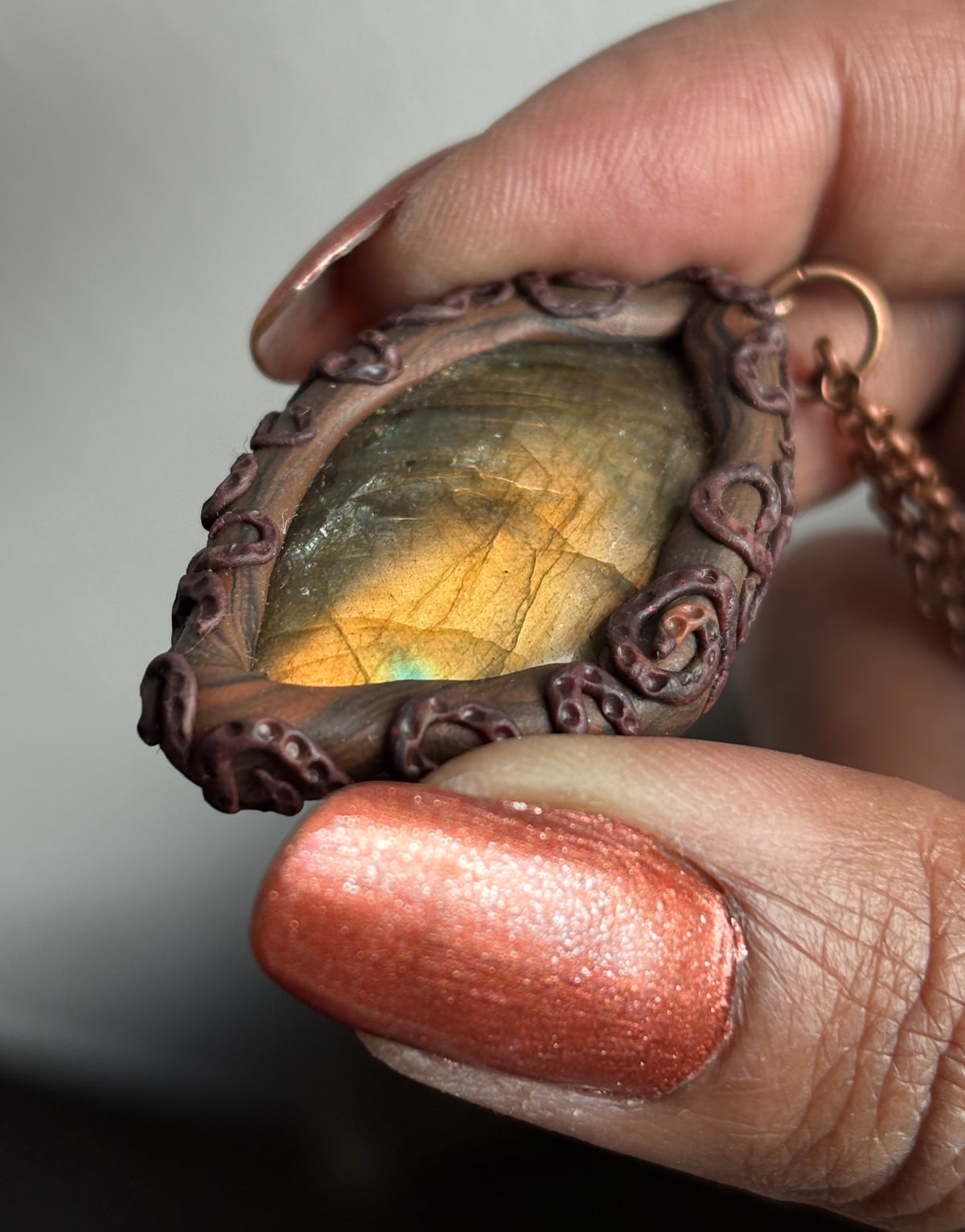 Purple Gold Labradorite Crystal Gemstone Clay Pendant Copper Necklace