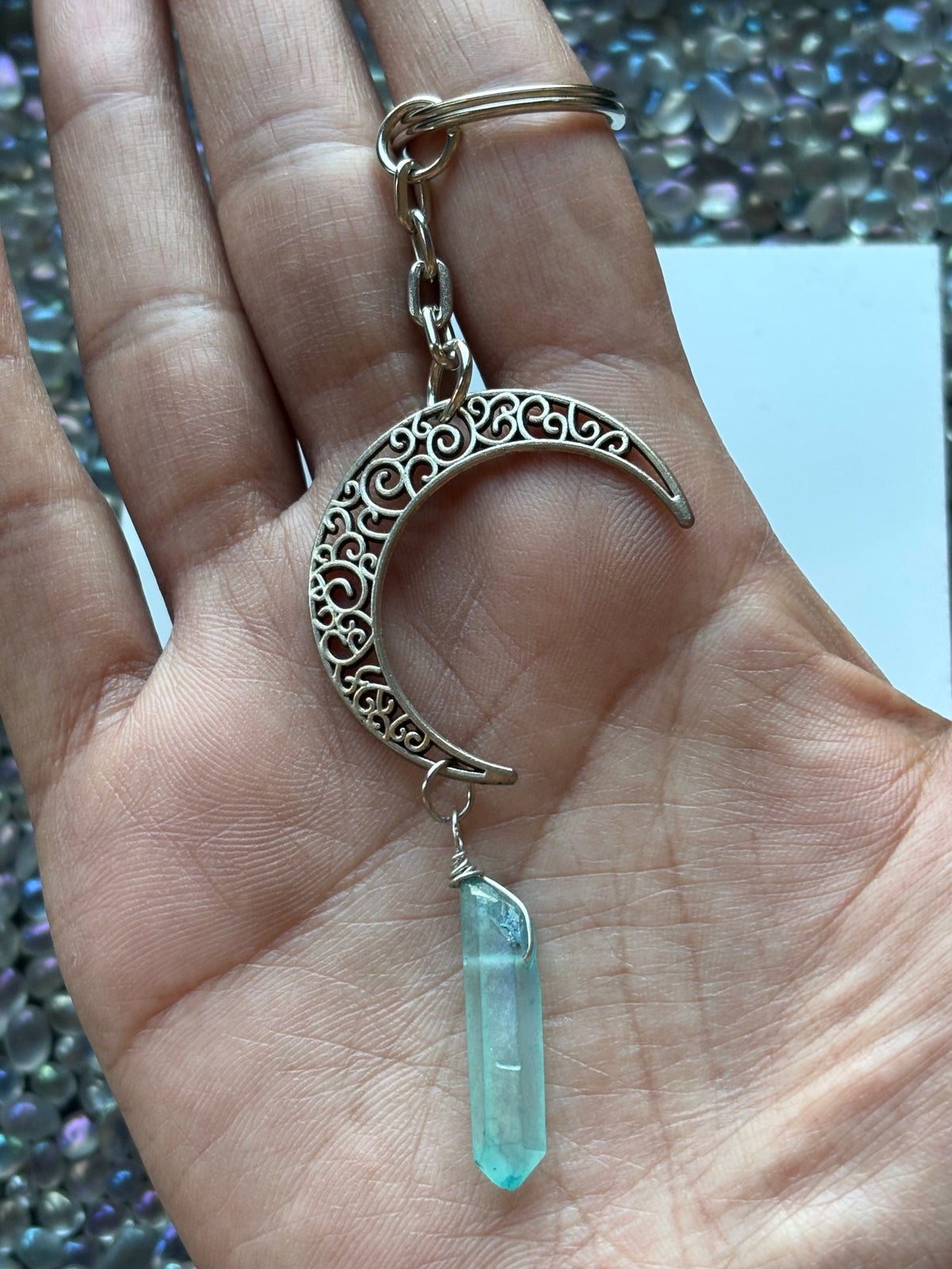 Crescent Moon & Blue Aura Quartz Crystal Gemstone KeyChain