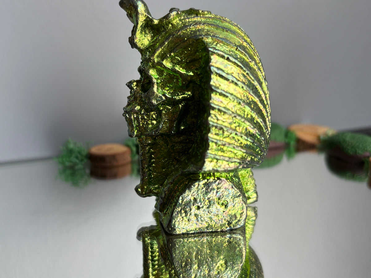 Green Bismuth Crystal King Tutankhamen Skull Metal Art Sculpture
