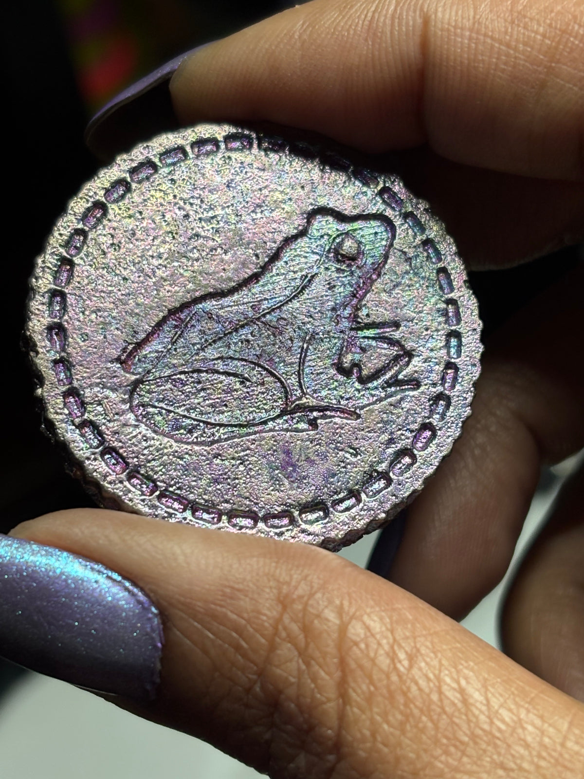 Purple Blue Bismuth Crystal Frog Large Coin Metal Art Sculpture