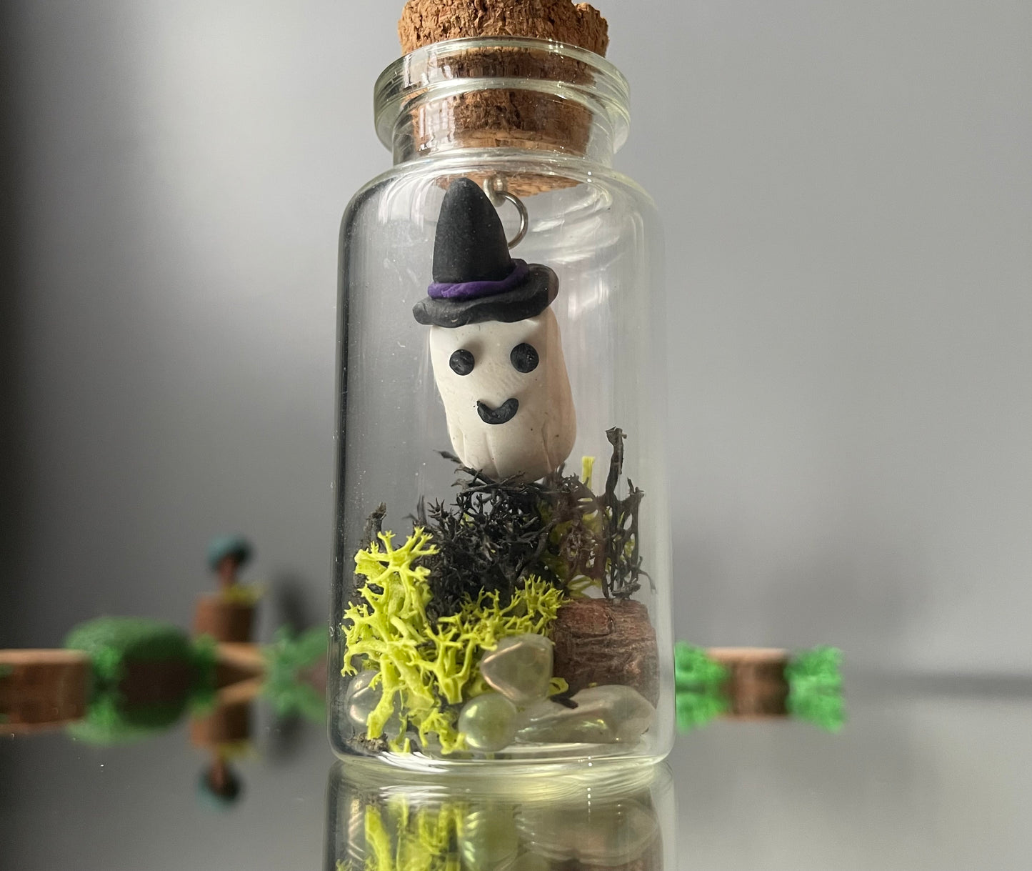 Floating Witchy Ghost In Garden Clay Glass Vial Art
