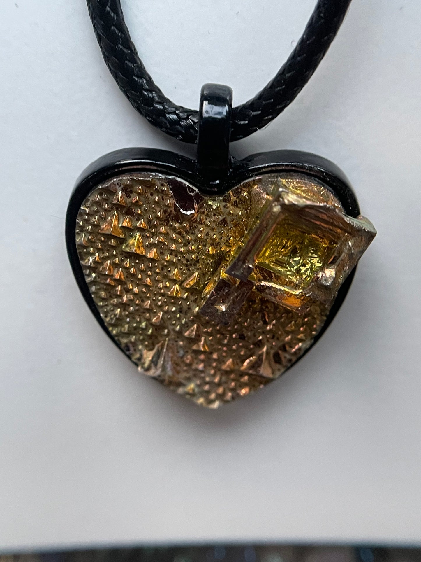 Gold Bismuth Heart Crystal Metal Art Cord Necklace