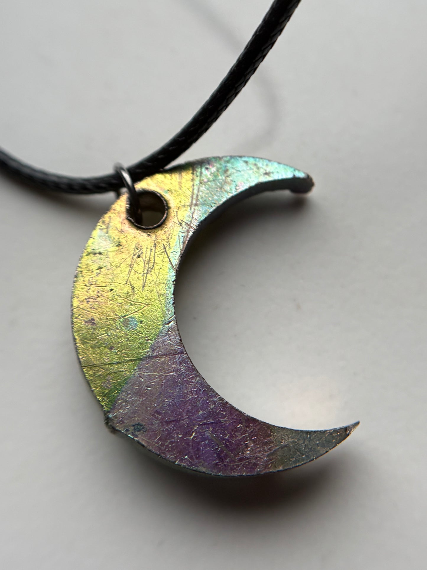 Rainbow Bismuth Crystal Moon Cut Out Metal Art Silver Drilled Necklace