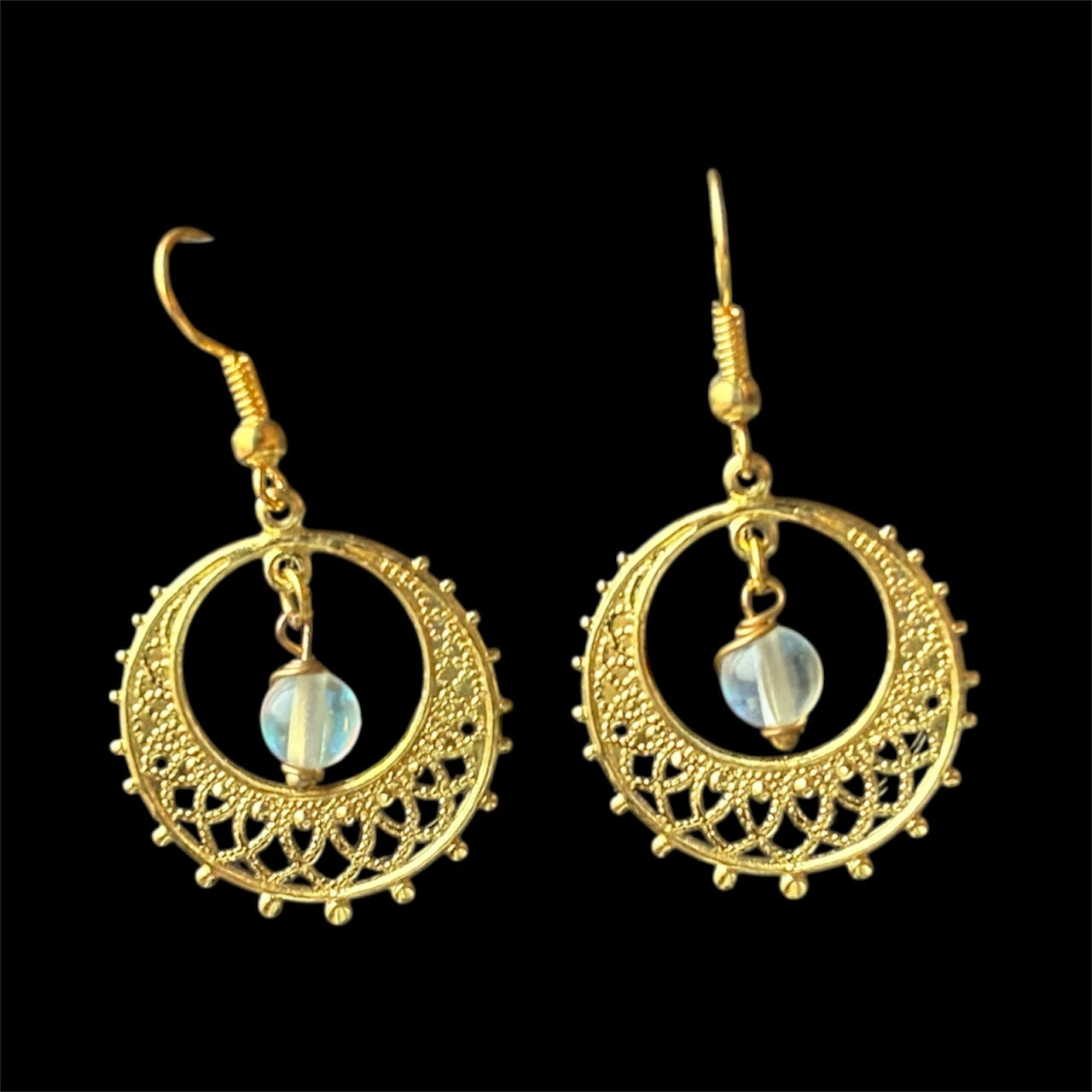 Angel Aura Quartz Crystal Gemstone Gold Filigree Hoop Earrings