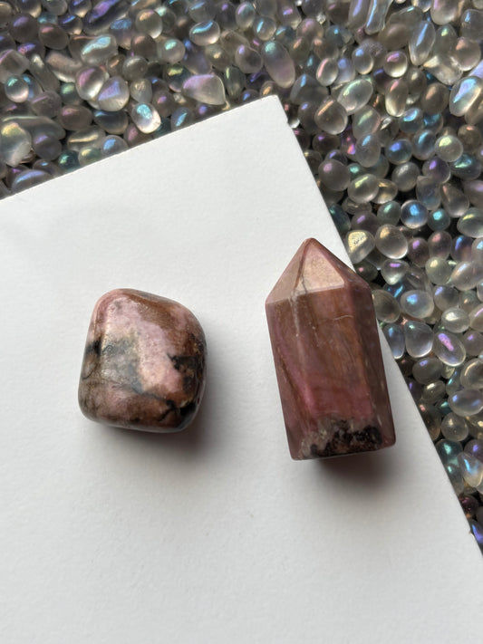 Rhodonite Gemstone Crystal Mini Point Tower & Tumbled Stone - Gift Set (1)