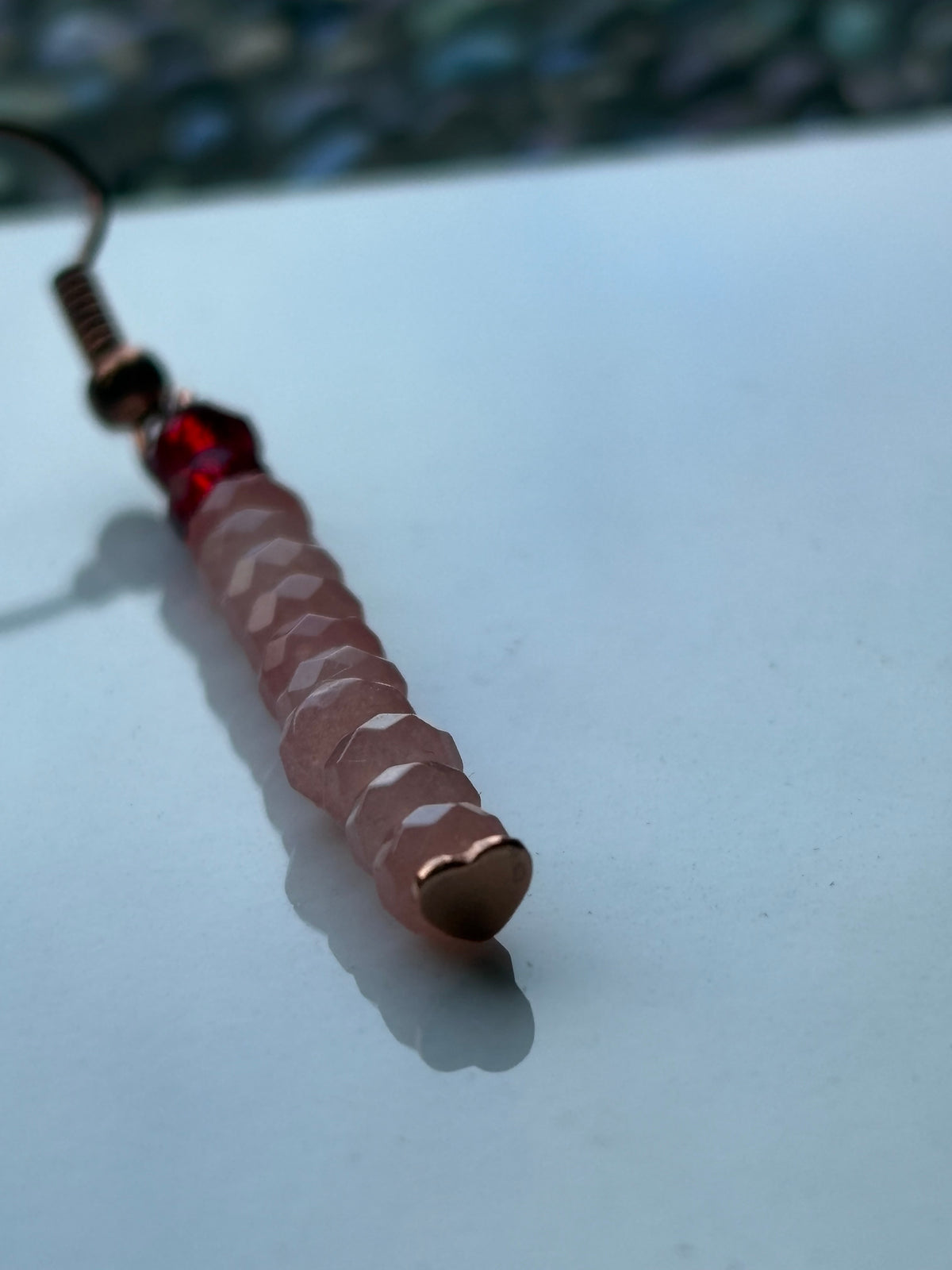Peach Quartzite Gemstone Rondelle & Red Crystal Rose gold Earrings