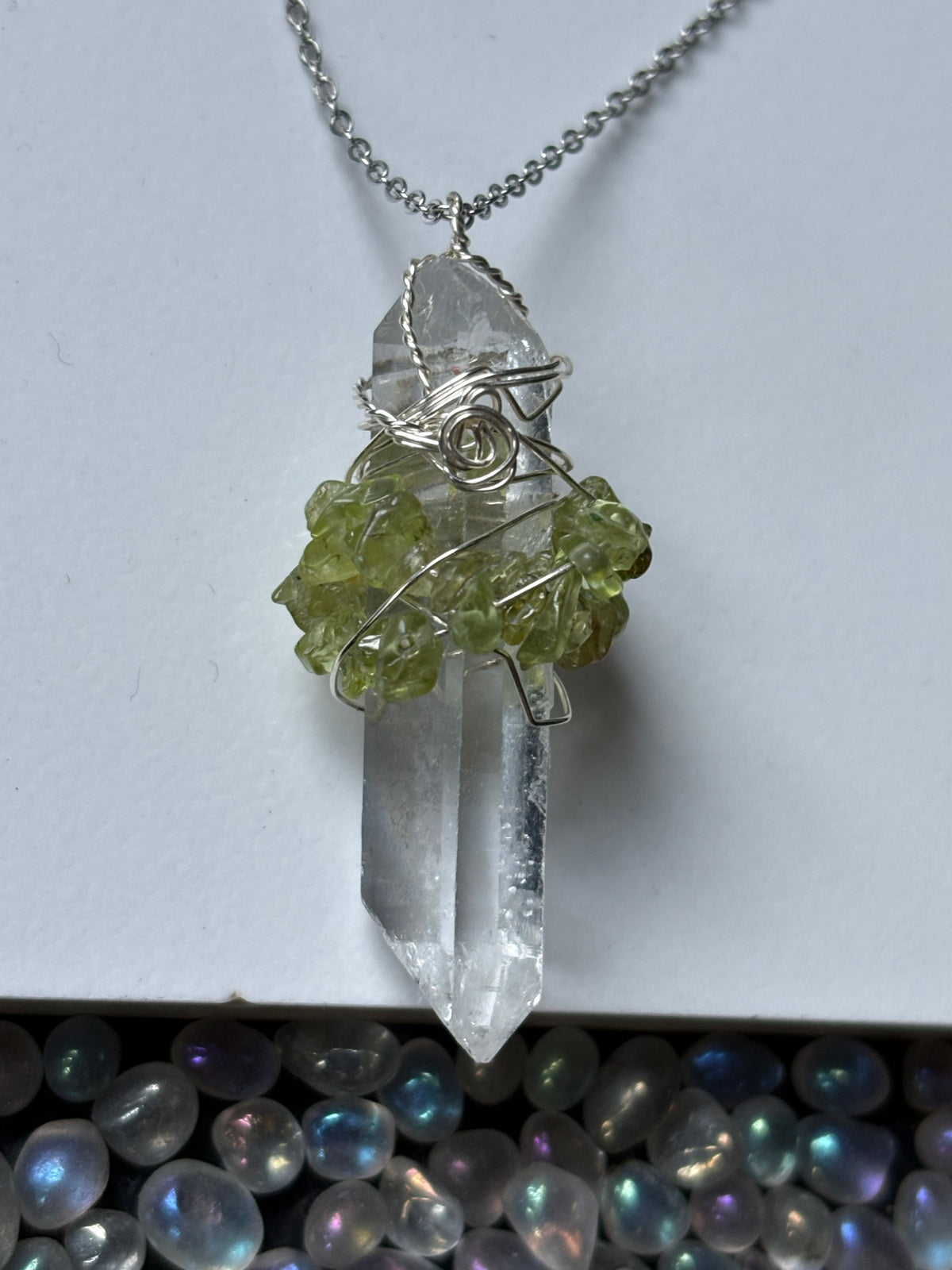 Lemurian Quartz & Peridot Crystal Gemstone Wire Wrap Necklace - Silver