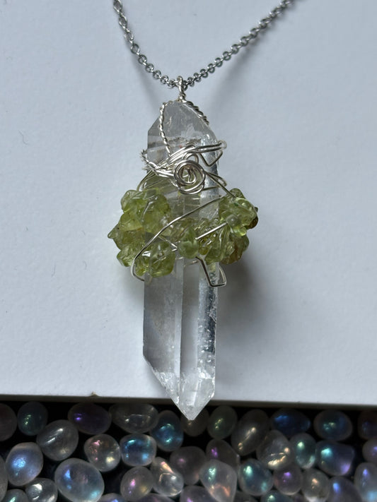 Lemurian Quartz & Peridot Crystal Gemstone Wire Wrap Necklace - Silver