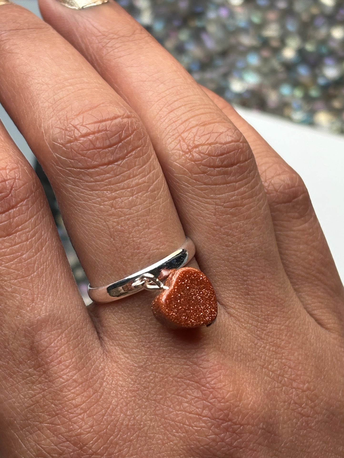 Goldstone Heart Crystal Carving Charm Silver Ring