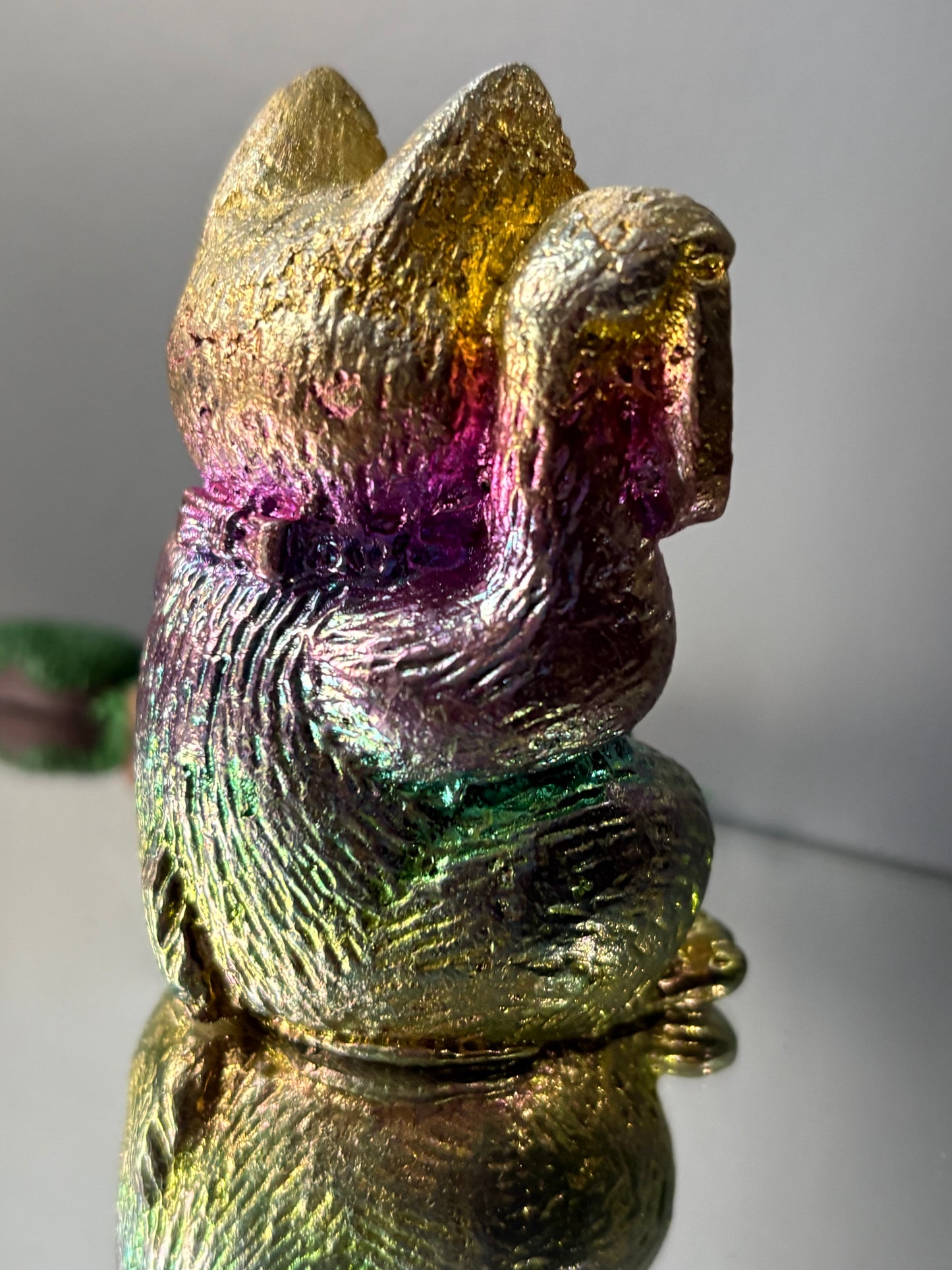 Rainbow Bismuth Crystal Lucky Cat Metal Art Sculpture