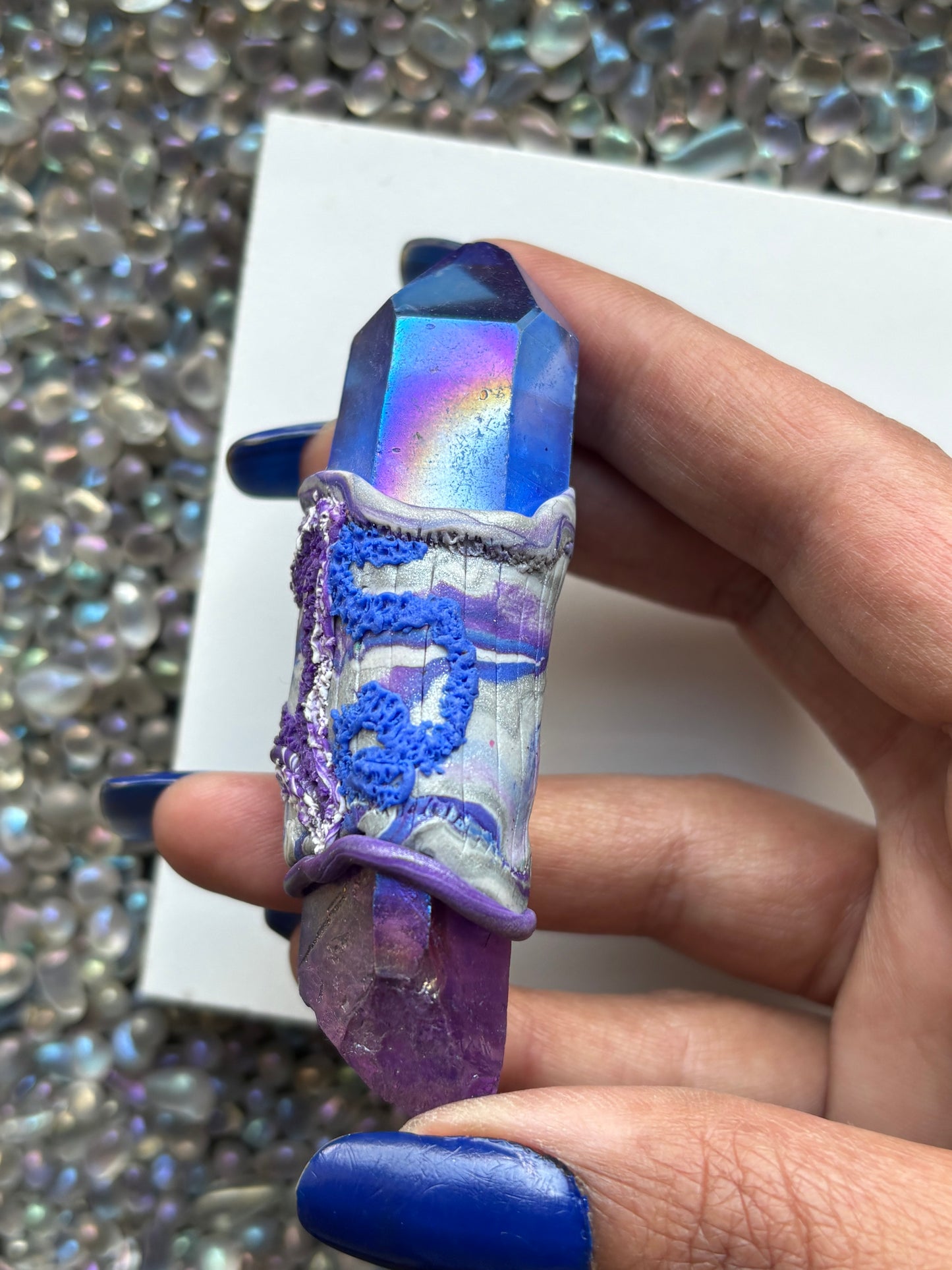 Purple & Blue Aura Quartz Crystal Gemstone Heart Swirl Clay Wand