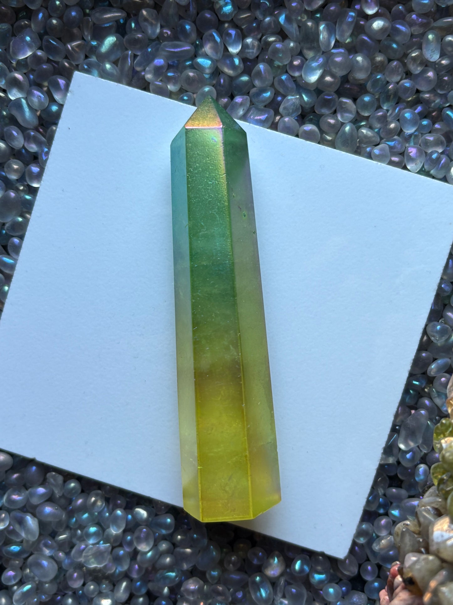 Yellow & Green Aura Quartz Crystal Gemstone Tower Point