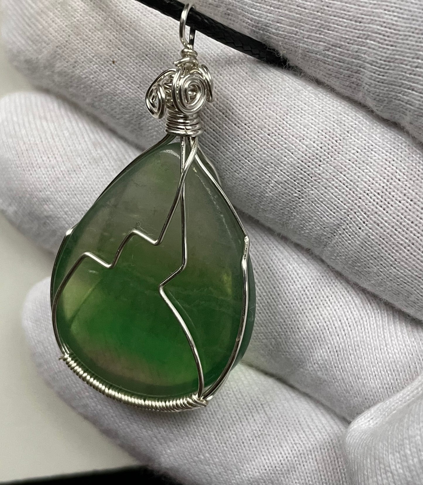 Green Fluorite Crystal Gemstone Wire Wrap Silver Necklace