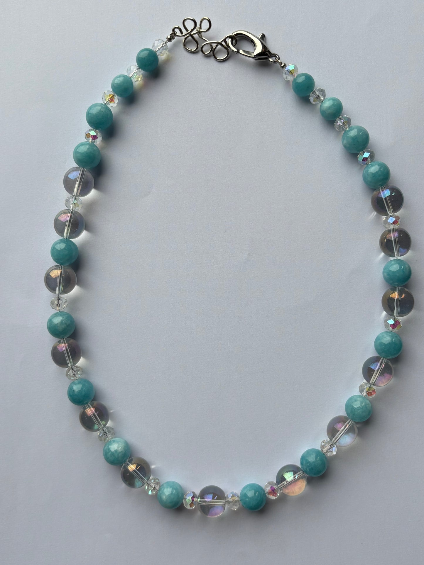 Blue Quartz Gemstone & Aura Coated Glass Crystal Beaded Silver Chunky Necklace