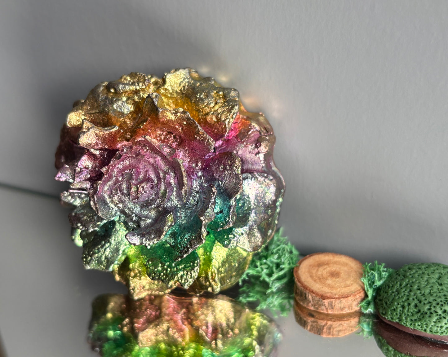 Rainbow Bismuth Crystal Rose Flower Metal Art Sculpture - Large