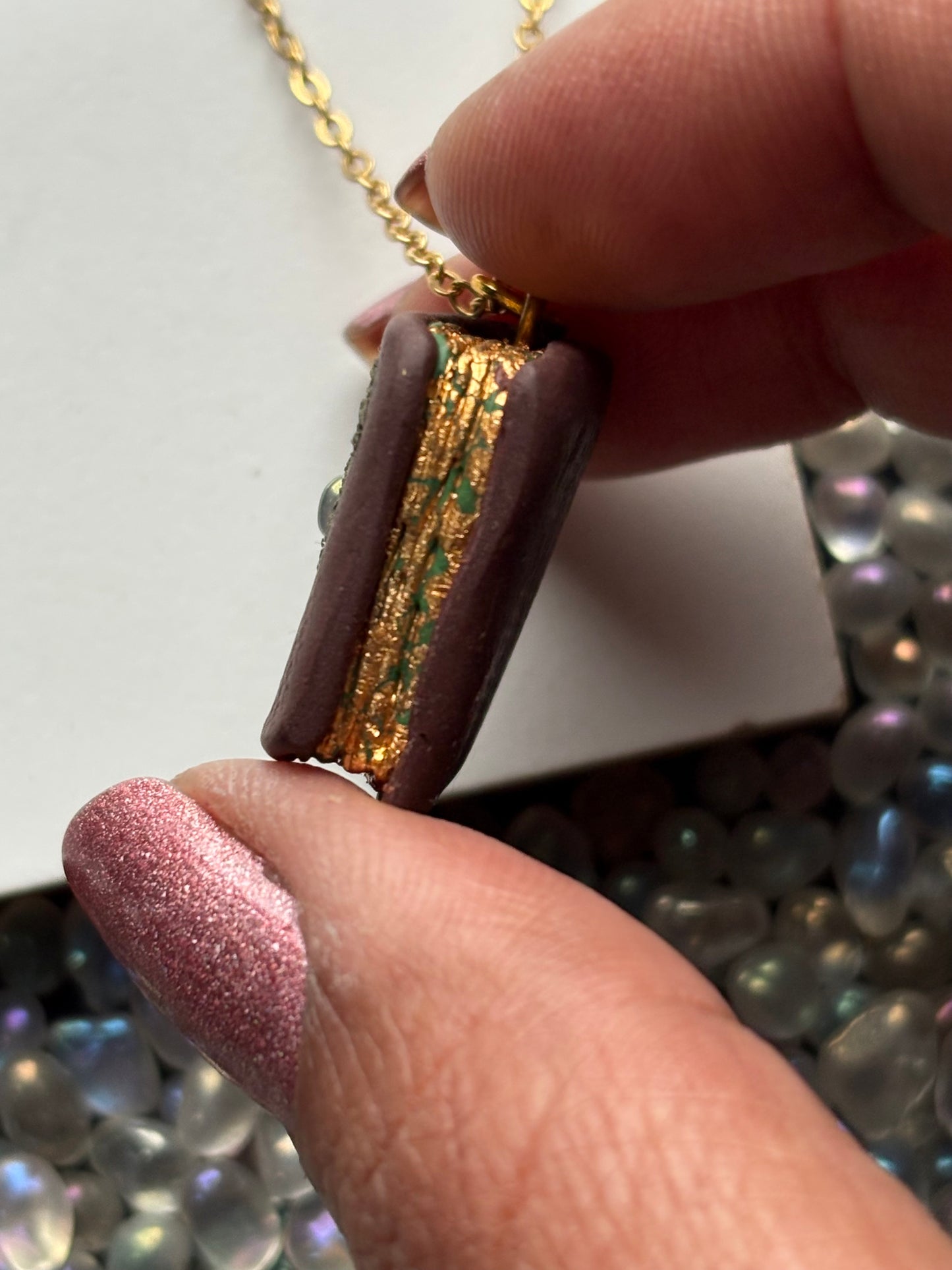 Gold Leaf Aura Quartz Crystal Gemstone Enchanted Book Necklace