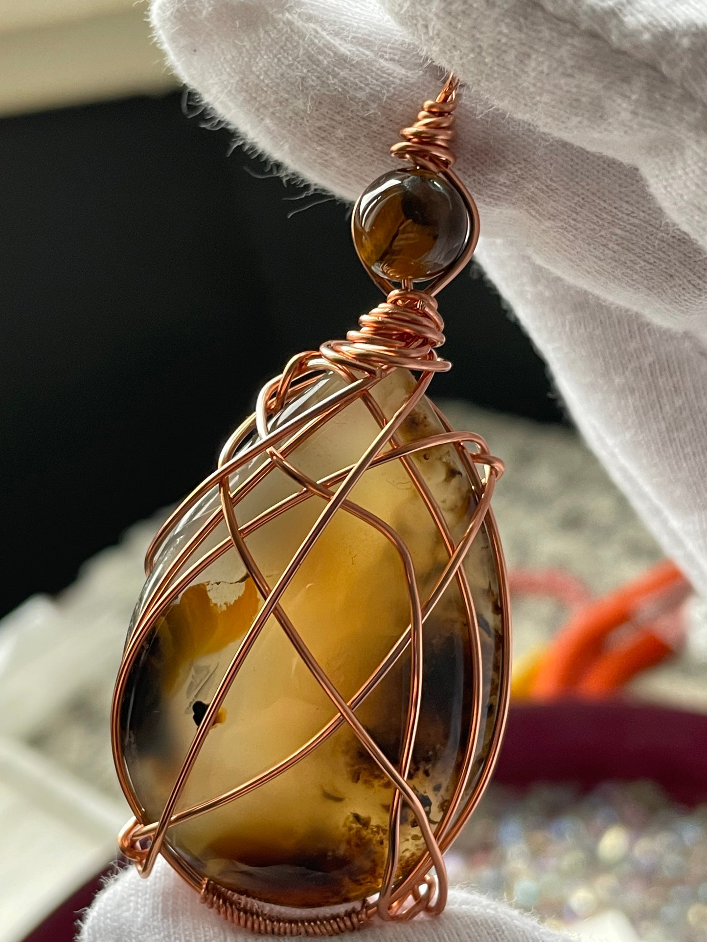 Dendritic Agate & Tigers Eye Crystal Gemstone Wire Wrapped Necklace