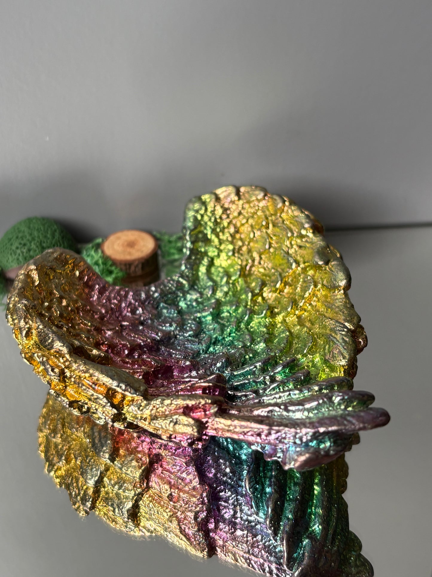 Rainbow Bismuth Crystal Angel Wing Dish / Sphere Holder Metal Art Sculpture