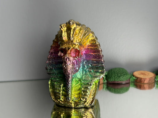 Rainbow Bismuth Crystal King Tutankhamen Skull Metal Art Sculpture