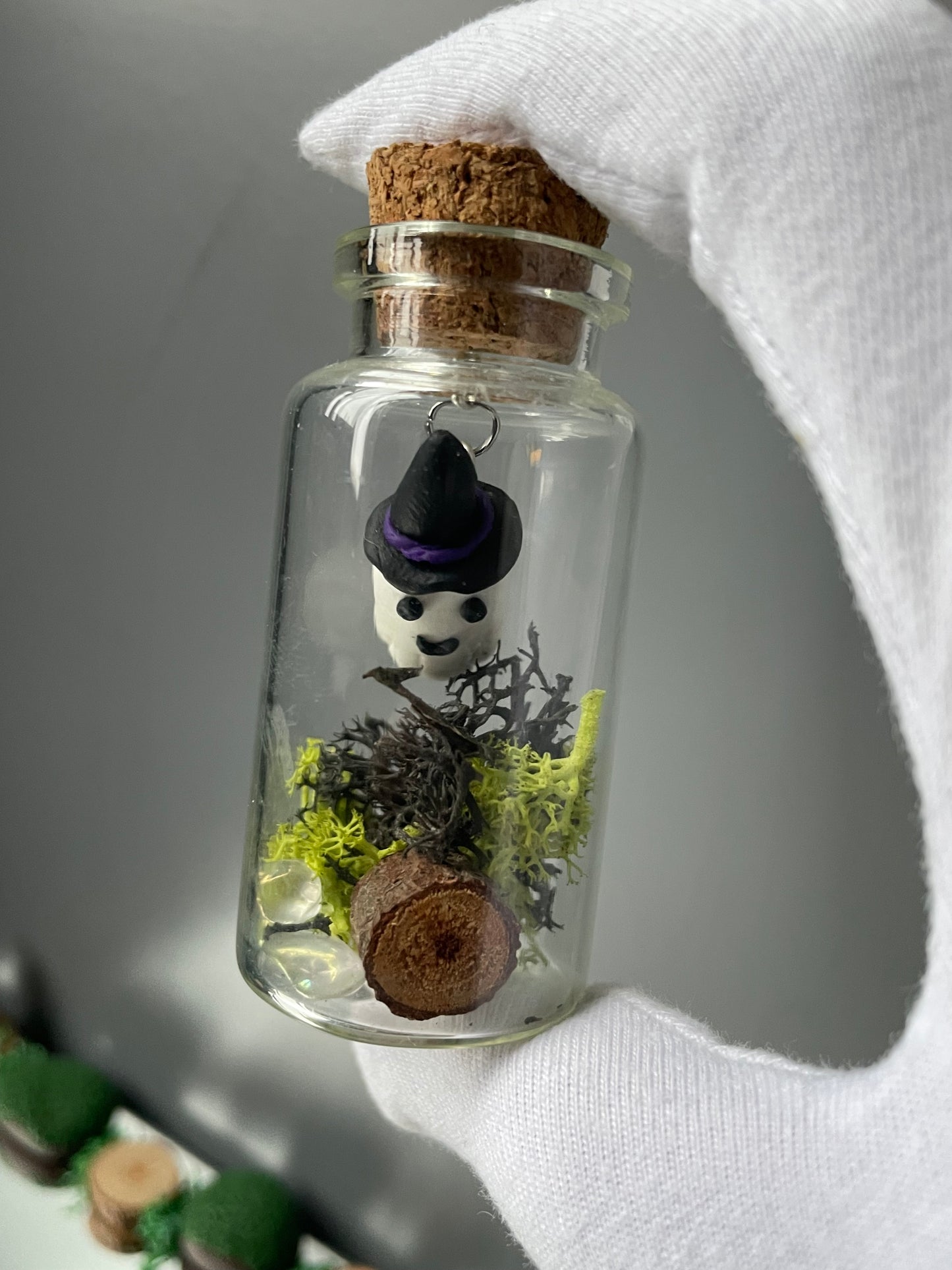Floating Witchy Ghost In Garden Clay Glass Vial Art
