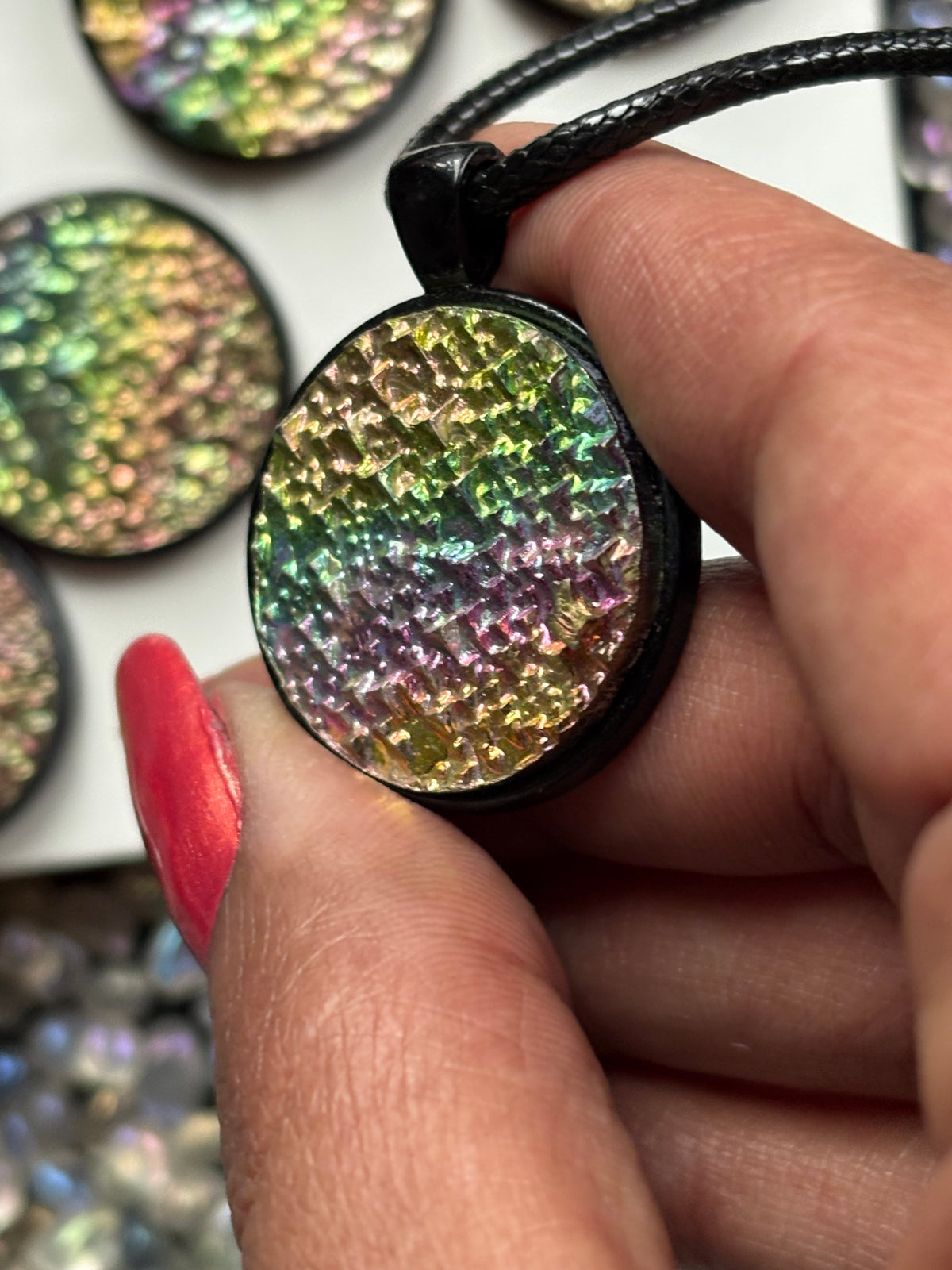 Rainbow Bismuth Crystal Metal Art Cord Necklace - Circle