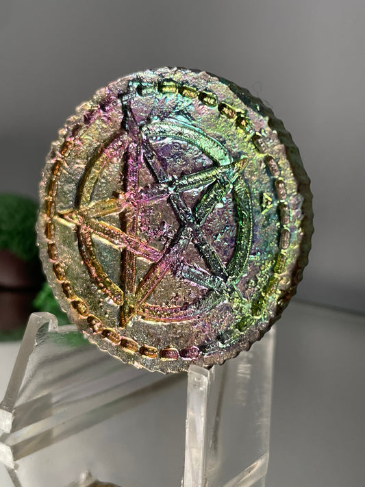 Rainbow Bismuth Crystal Star Coin Metal Sculpture Art (2)