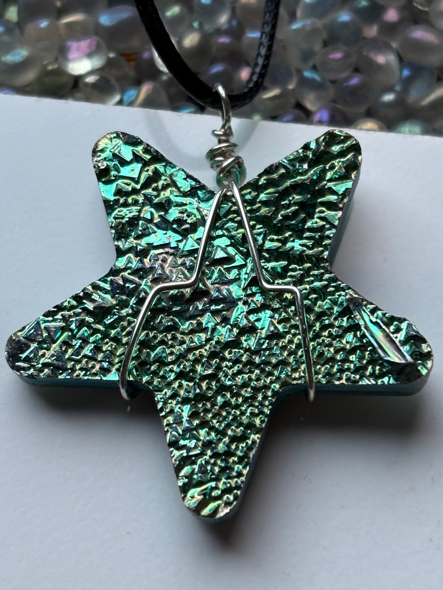 Teal Bismuth Crystal Star Cut Out Metal Art Cord Necklace