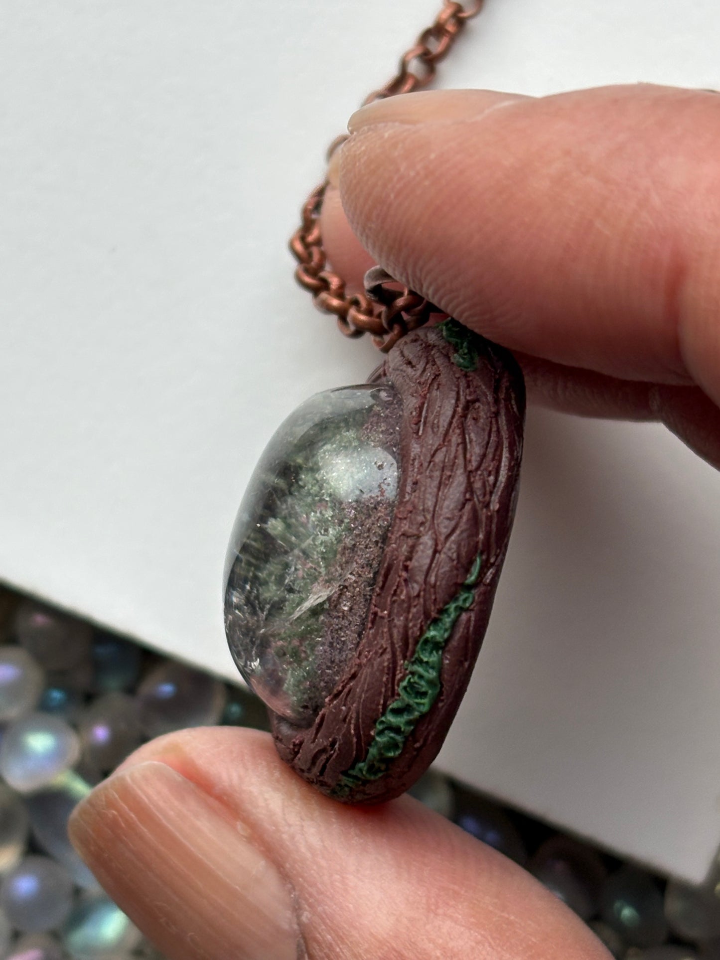 Rainbow Lodalite Garden Quartz Crystal Gemstone Oval Enchanted Forest Necklace (2)