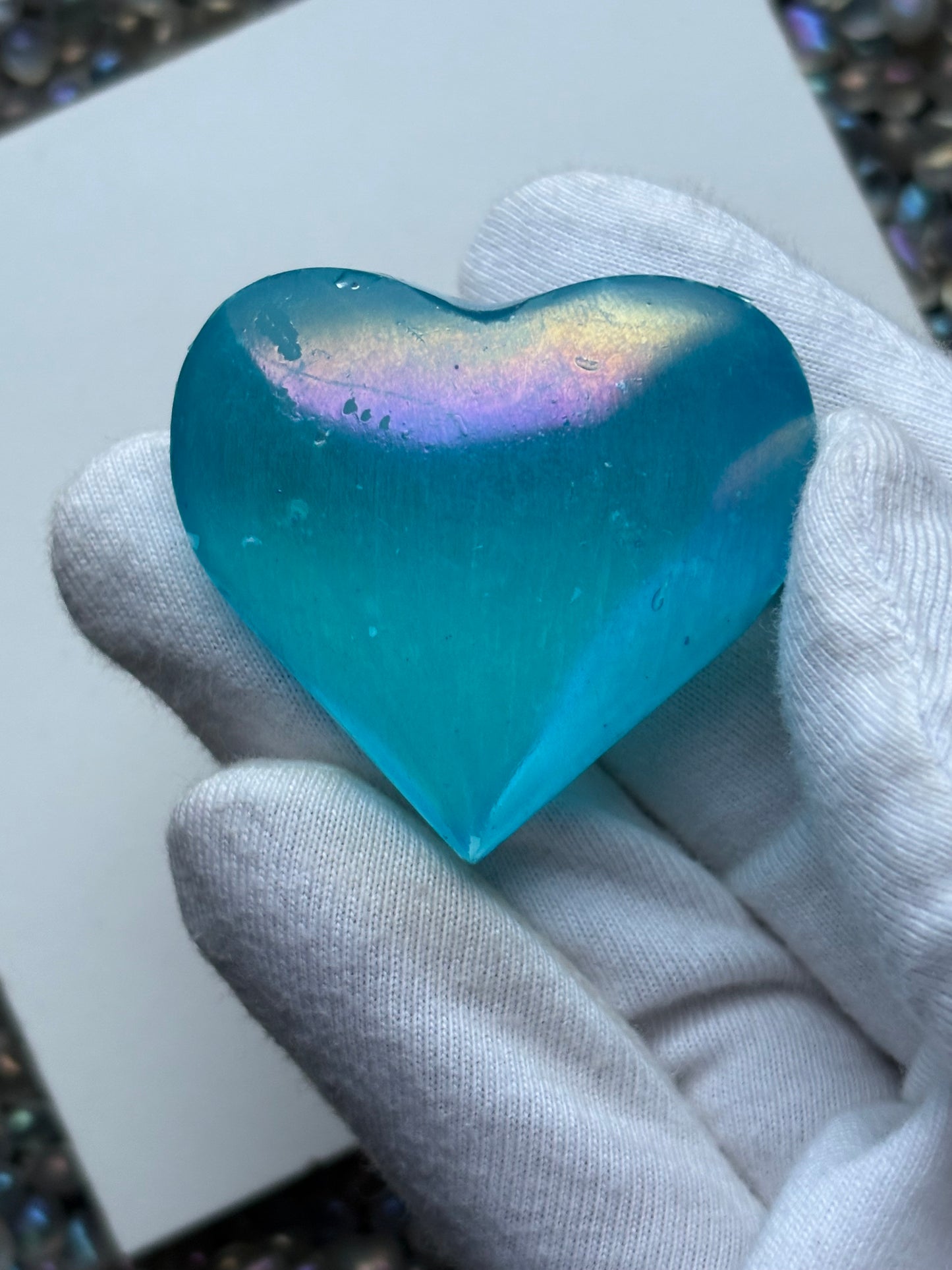 Aqua Blue Aura Coated Selenite Satin Spar Crystal Gemstone Heart Carving