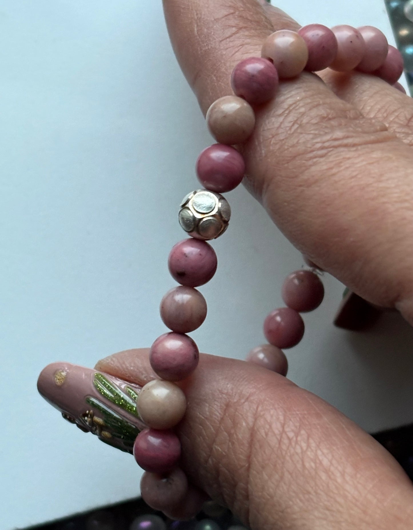 Rhodonite Crystal Gemstone Stretch Bracelet Sterling Silver