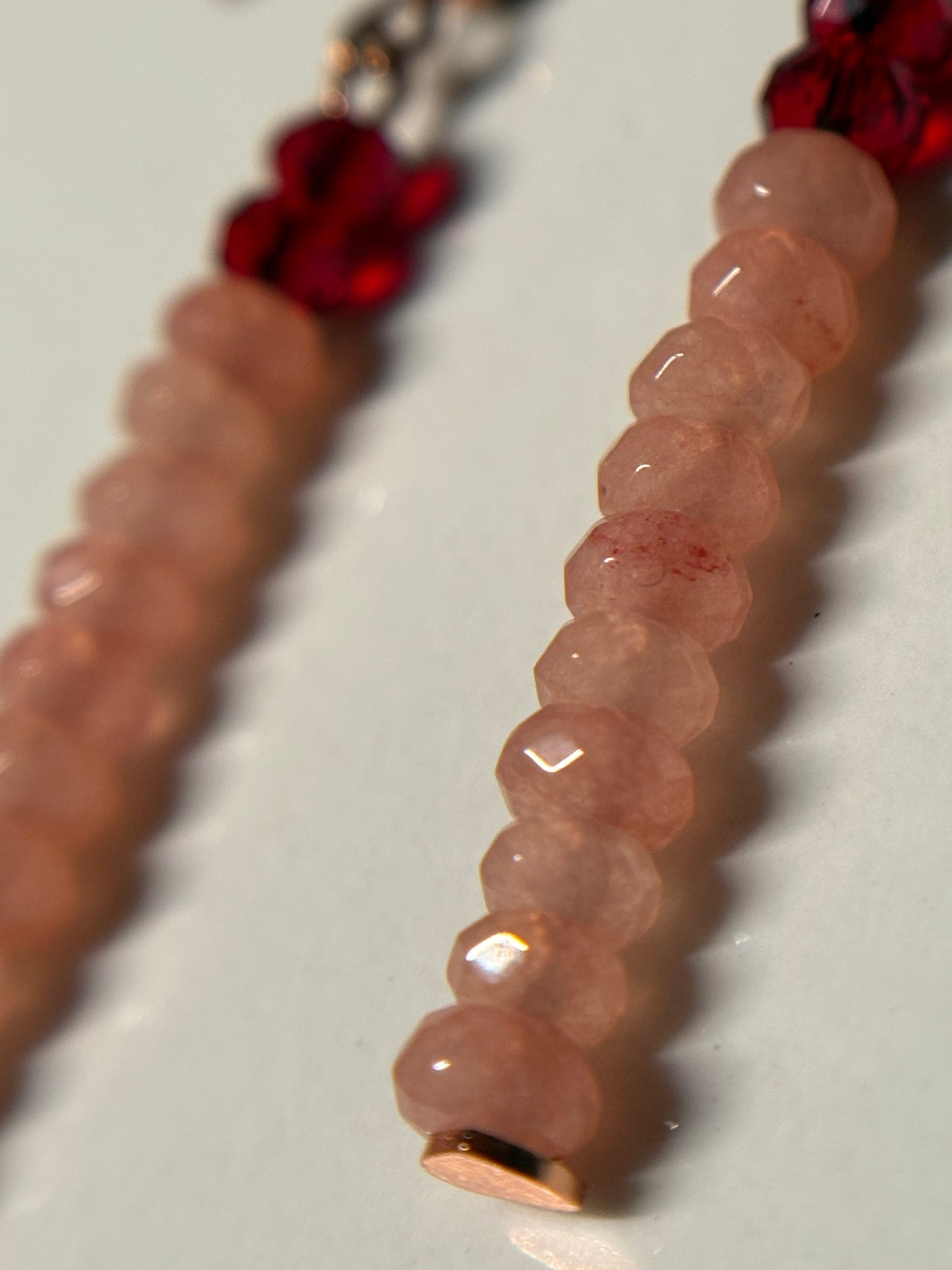 Peach Quartzite Gemstone Rondelle & Red Crystal Rose gold Earrings