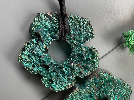 Teal Blue Bismuth Crystal Oversized Hippie Flower Cut Out Wall Hanging