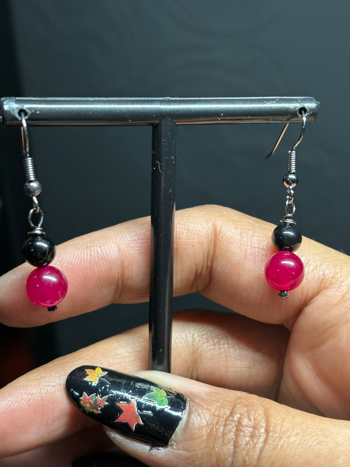 Red Quartz & Black Tourmaline Crystal Gemstone Drop Earrings