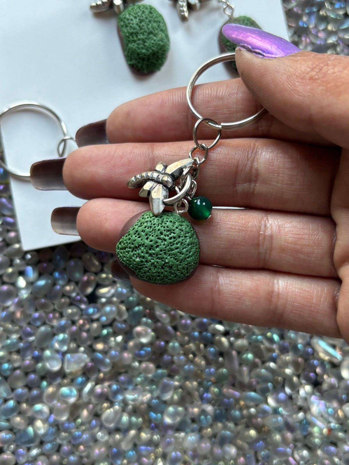 Enchanted Moss Ball Dragonfly & Green Quartz Crystal Gemstone Keychain