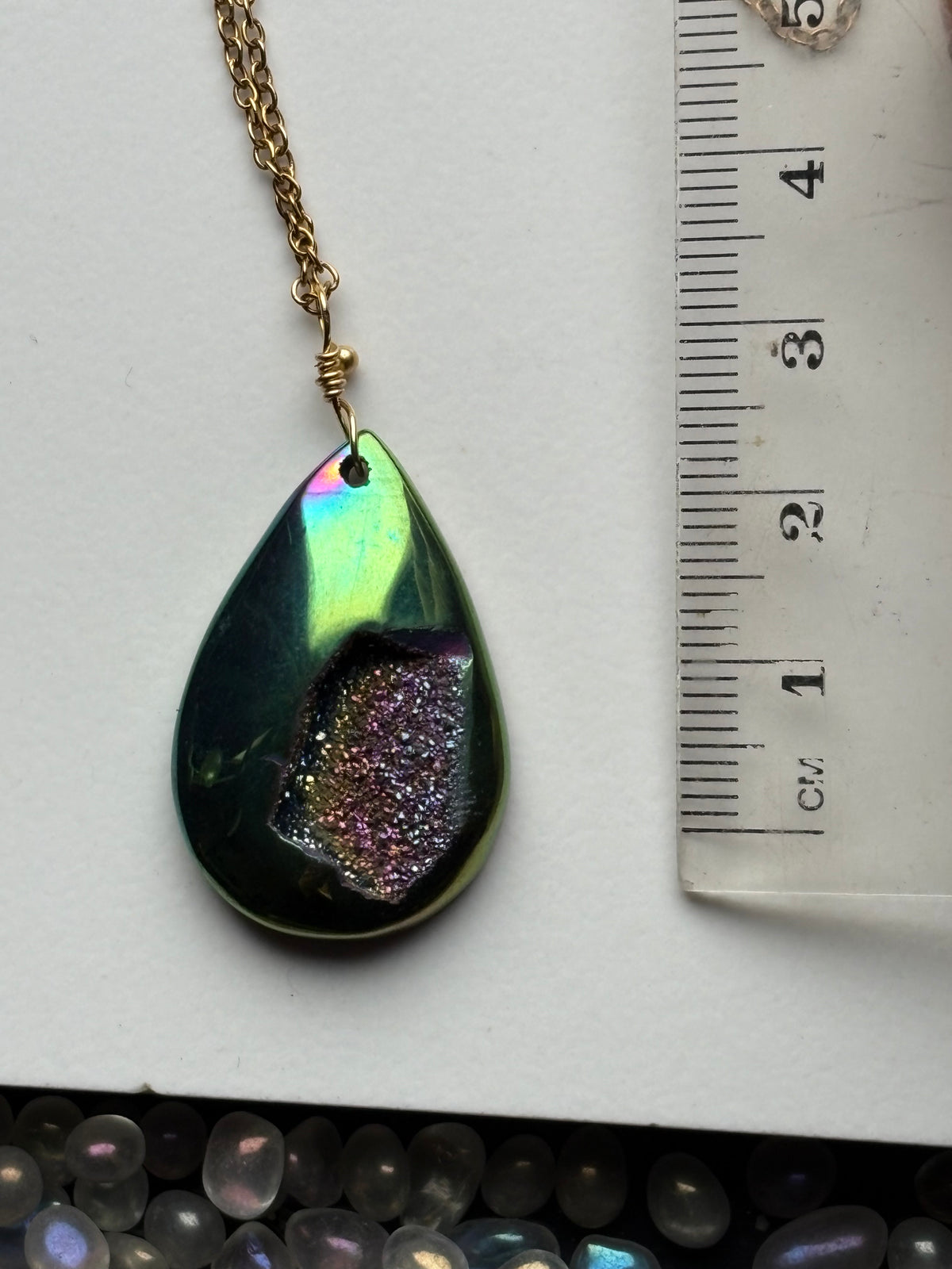 Peacock Green Aura Druzy Quartz Crystal Gemstone Gold Necklace
