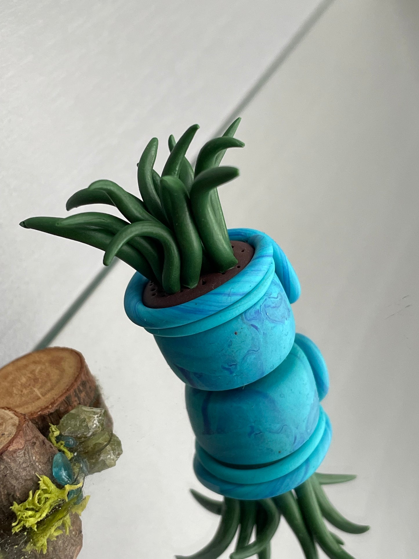 Grassy Potted Plant Clay Sphere Mini Holder - Blue (2)