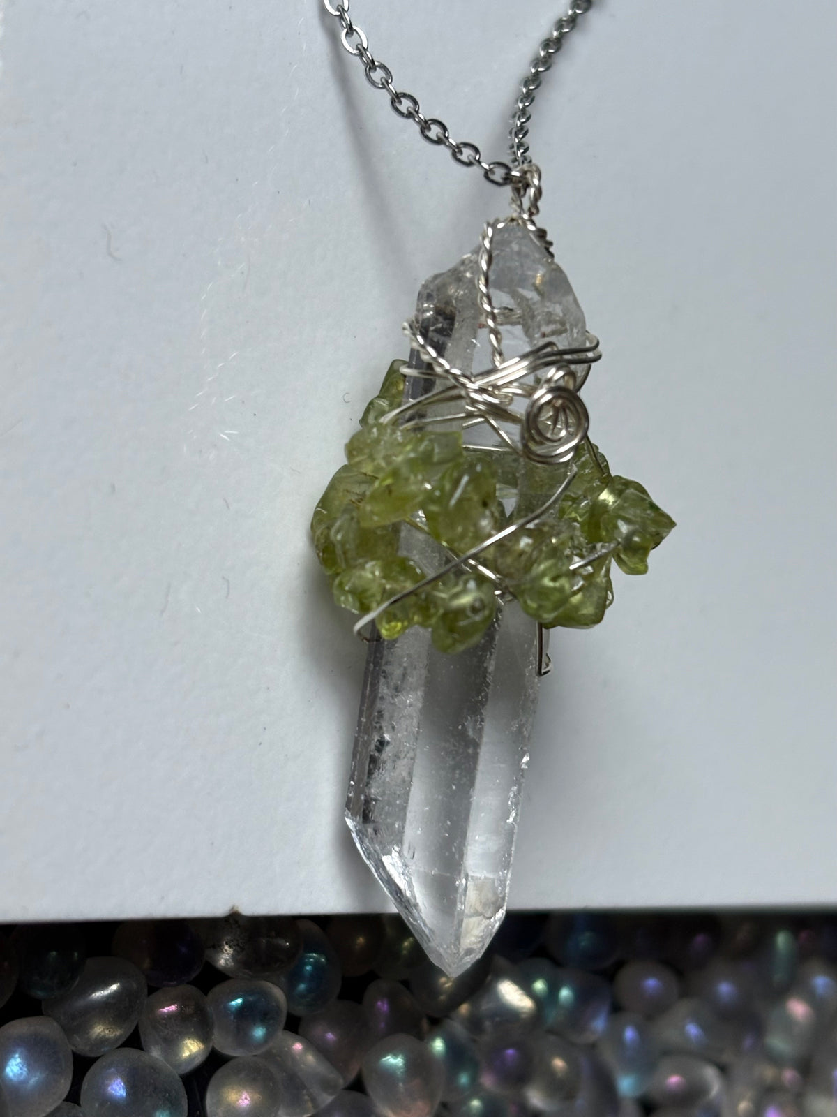 Lemurian Quartz & Peridot Crystal Gemstone Wire Wrap Necklace - Silver