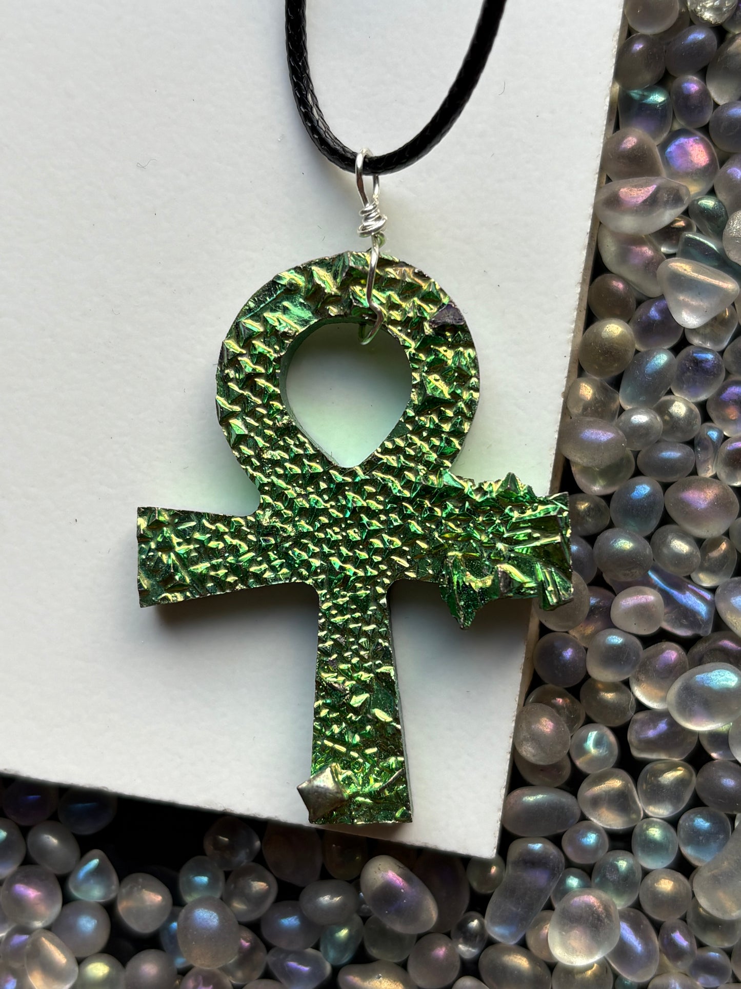 Green Bismuth Crystal Metal Art Necklace - Ankh