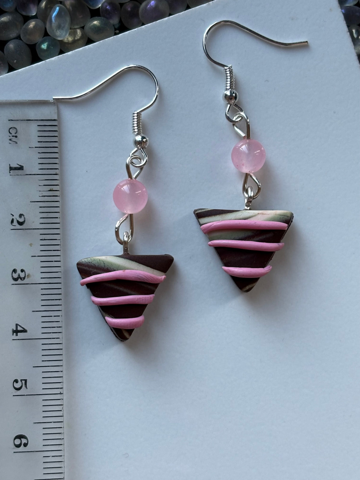 Chocolate Candy Triangle Clay & Pink Quartz Crystal Gemstone Silver Earrings