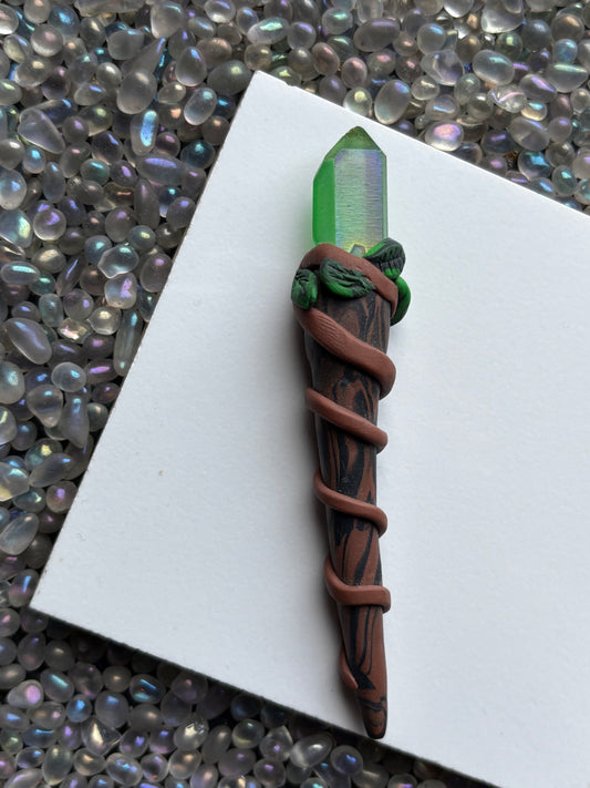 Apple Aura Quartz Crystal Gemstone Wooden Leaf Clay Wand