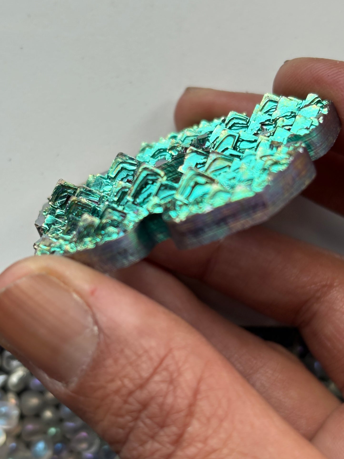 Teal Blue Bismuth Crystal Hippie Flower Slice Cut Out Sphere Holder