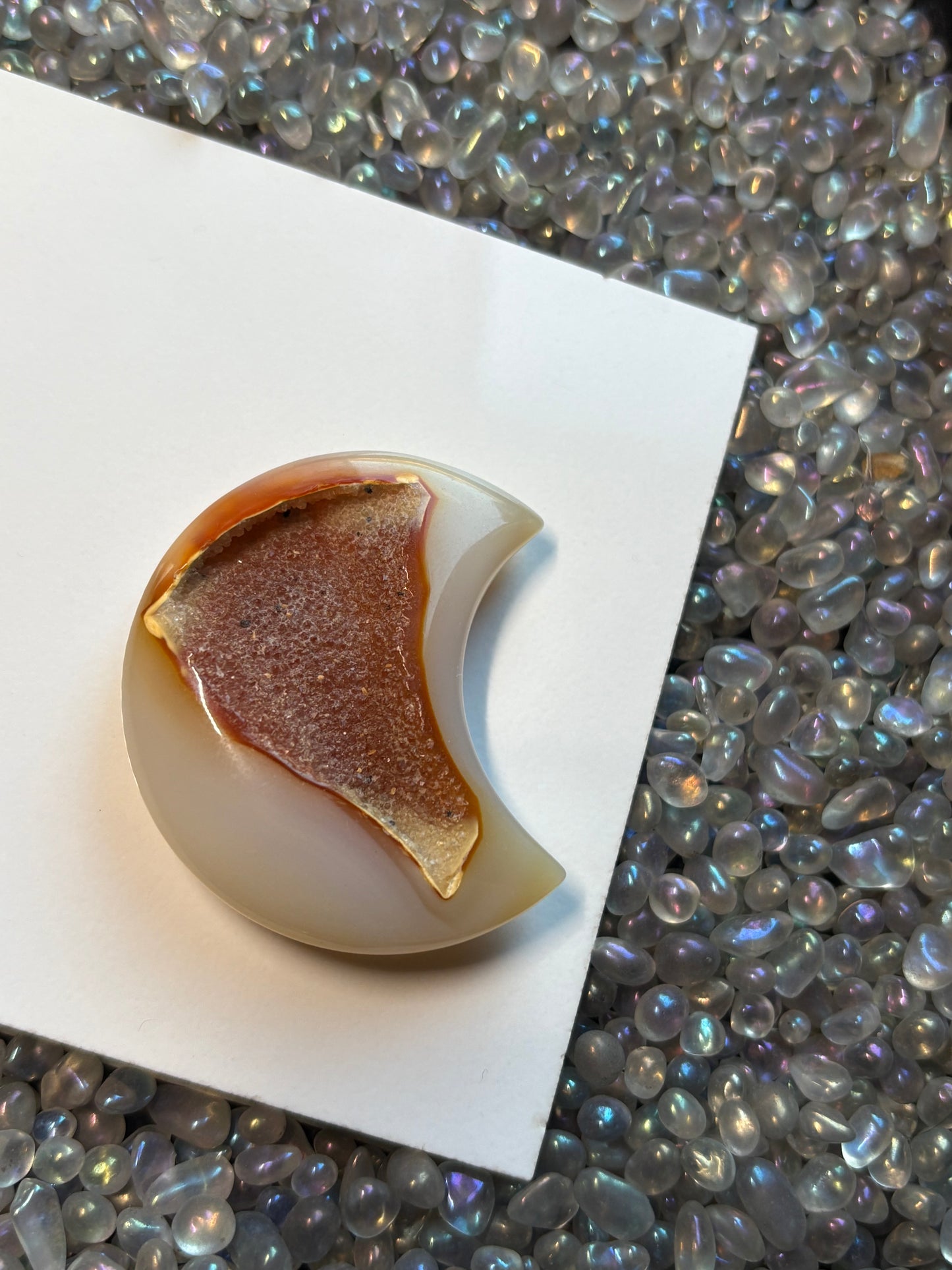 Cream Yellow Brown Druzy Agate Gemstone Crystal Crescent Moon Carving