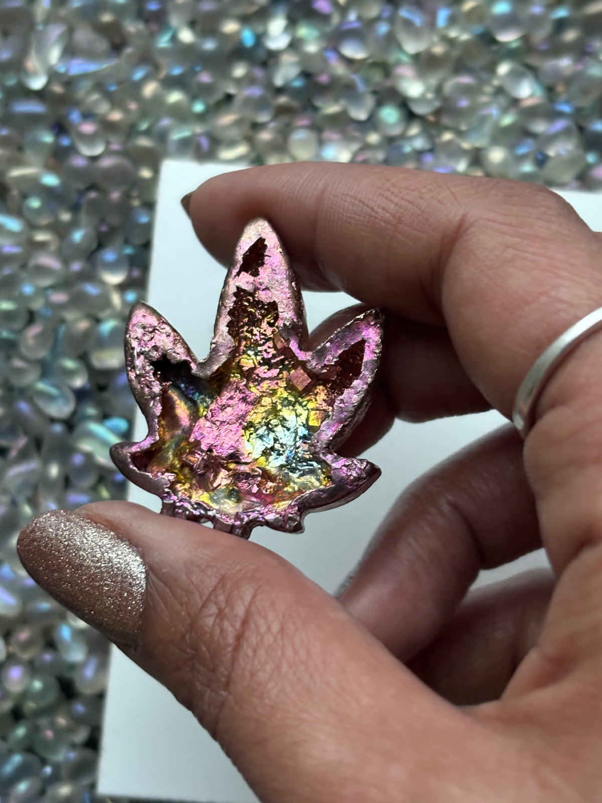 Peach Pink Bismuth Crystal Pot Leaf Metal Art Sculpture