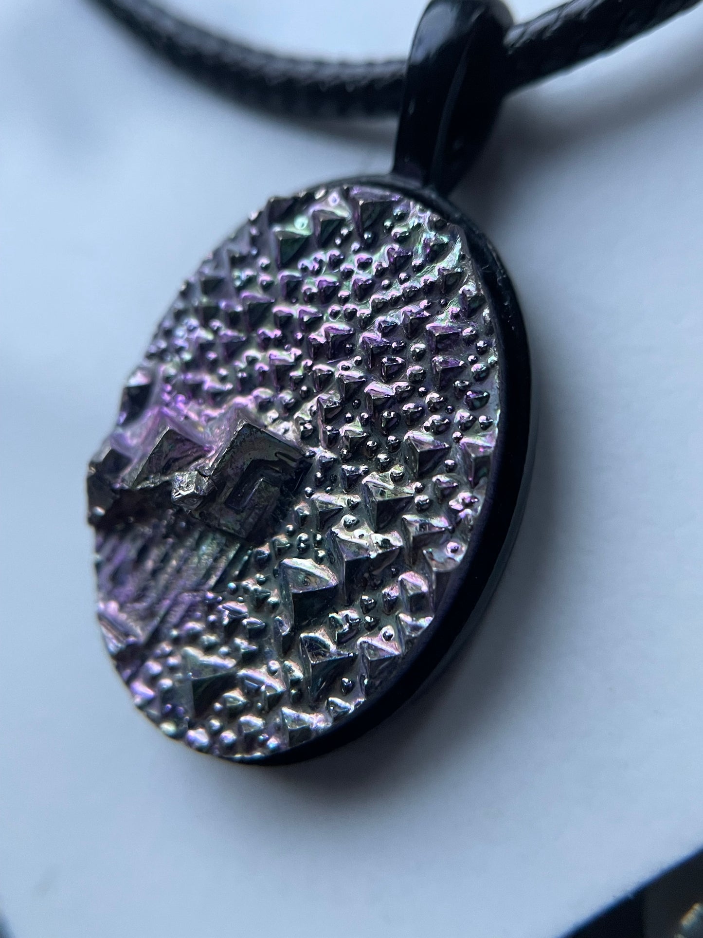 Purple Bismuth Crystal Metal Art Cord Necklace MINI OVAL